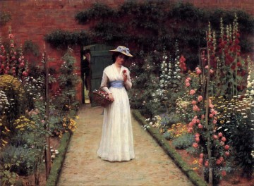 フラワーズ Painting - 庭園の女性 歴史的 リージェンシー エドモンド・レイトン 印象派 花